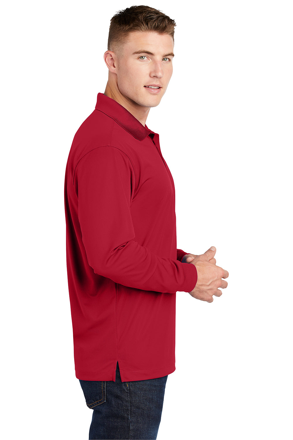 Sport-Tek ST657 Mens Sport-Wick Moisture Wicking Long Sleeve Polo Shirt Deep Red Model Side