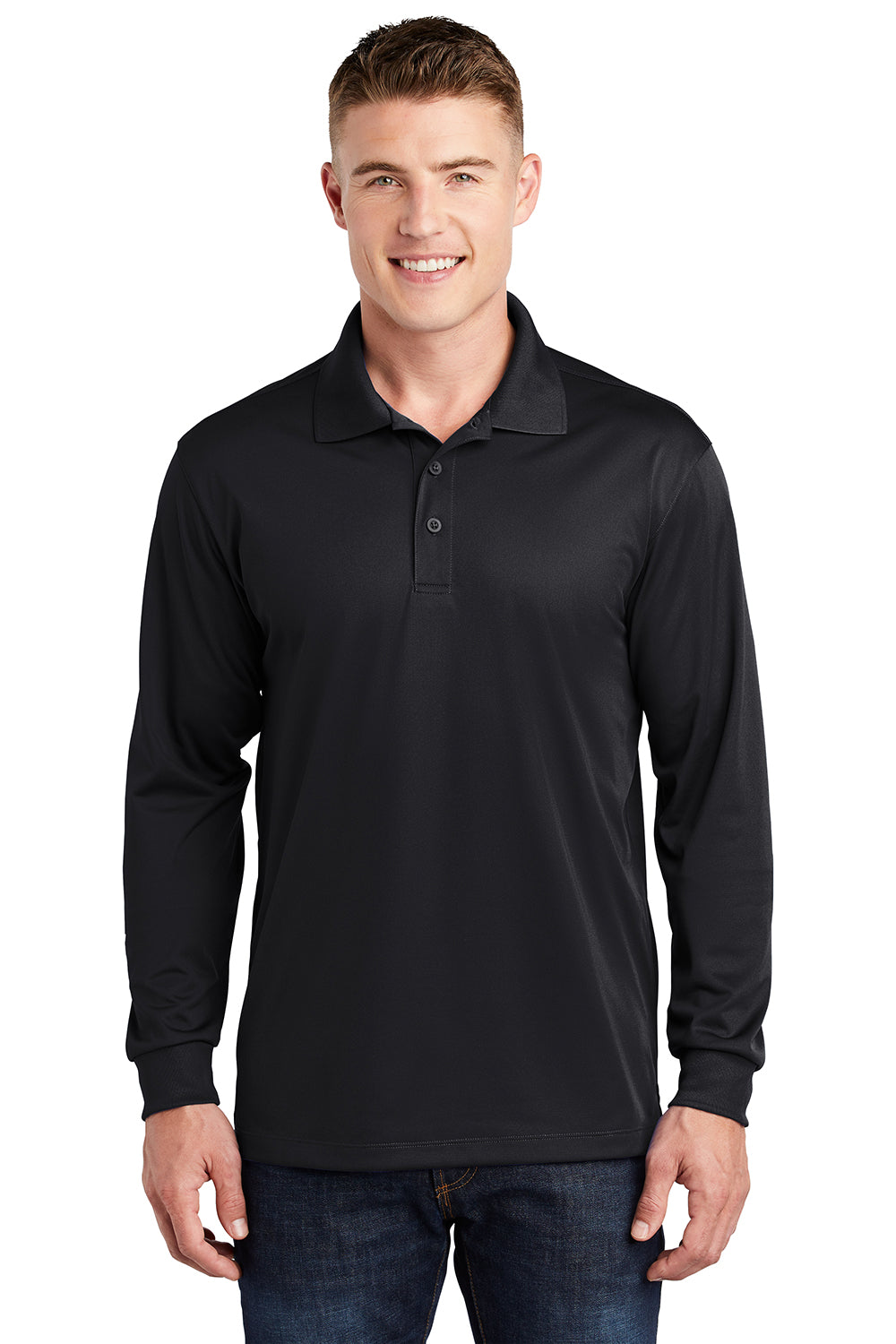 Sport-Tek ST657 Mens Sport-Wick Moisture Wicking Long Sleeve Polo Shirt Black Model Front