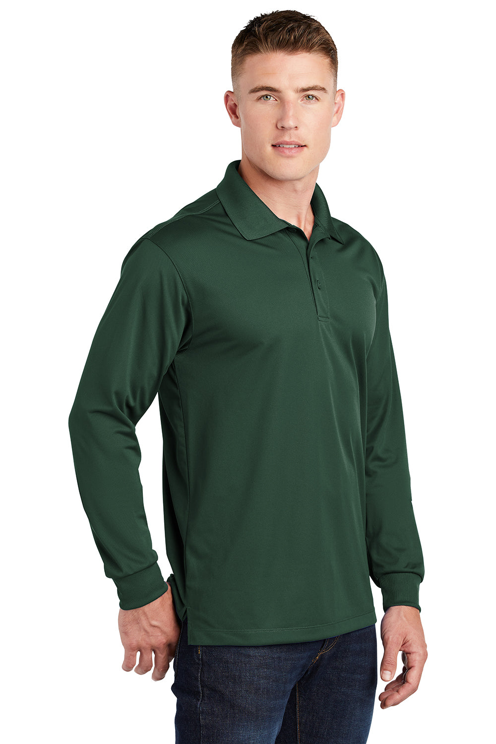 Sport-Tek ST657 Mens Sport-Wick Moisture Wicking Long Sleeve Polo Shirt Forest Green Model 3q