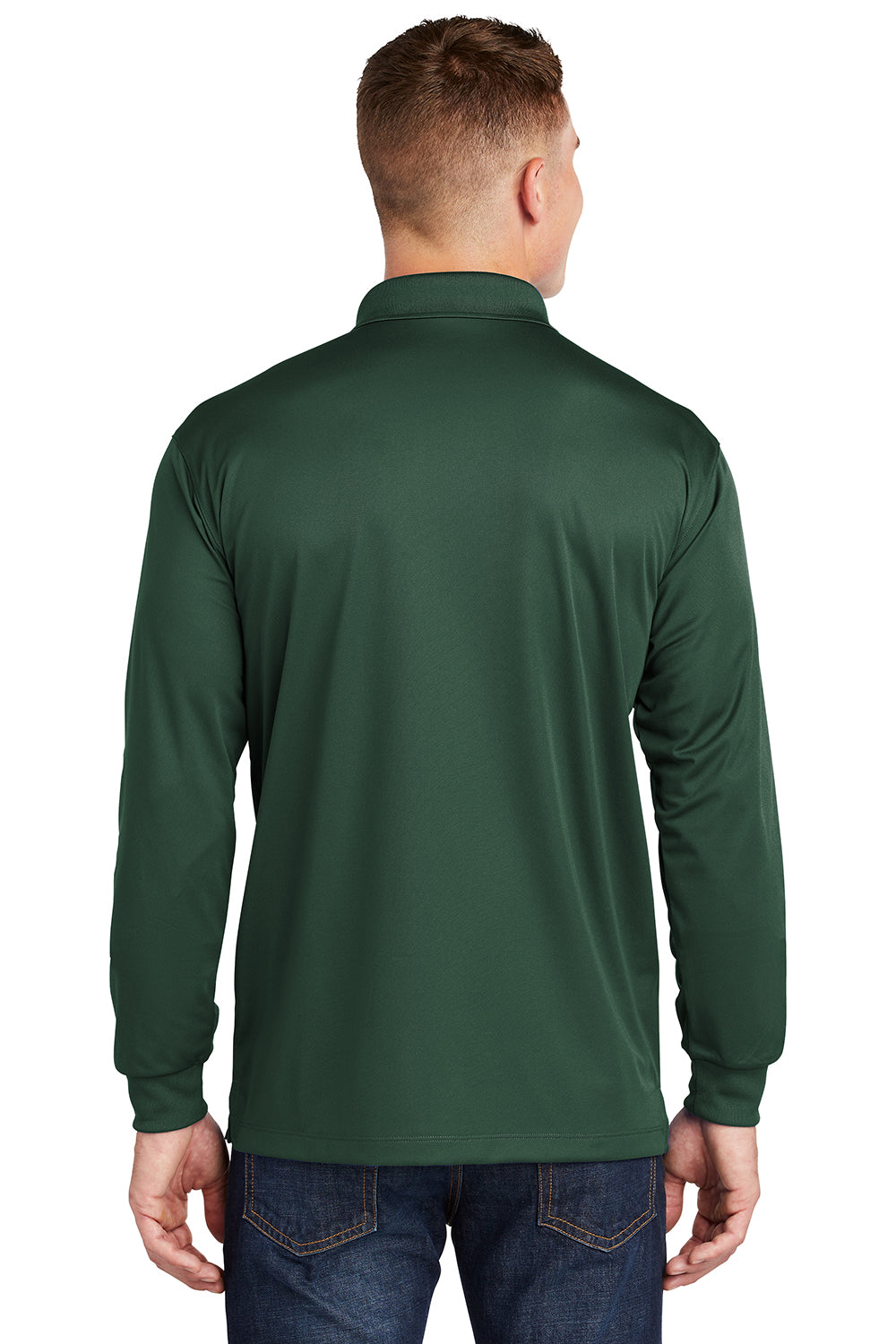 Sport-Tek ST657 Mens Sport-Wick Moisture Wicking Long Sleeve Polo Shirt Forest Green Model Back