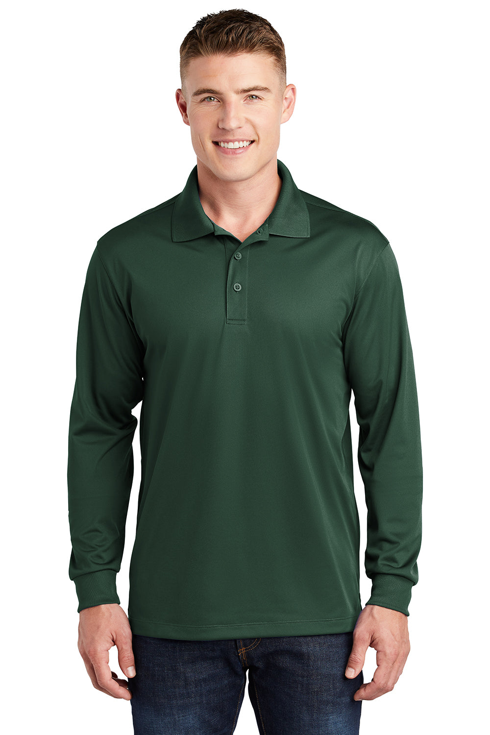 Sport-Tek ST657 Mens Sport-Wick Moisture Wicking Long Sleeve Polo Shirt Forest Green Model Front