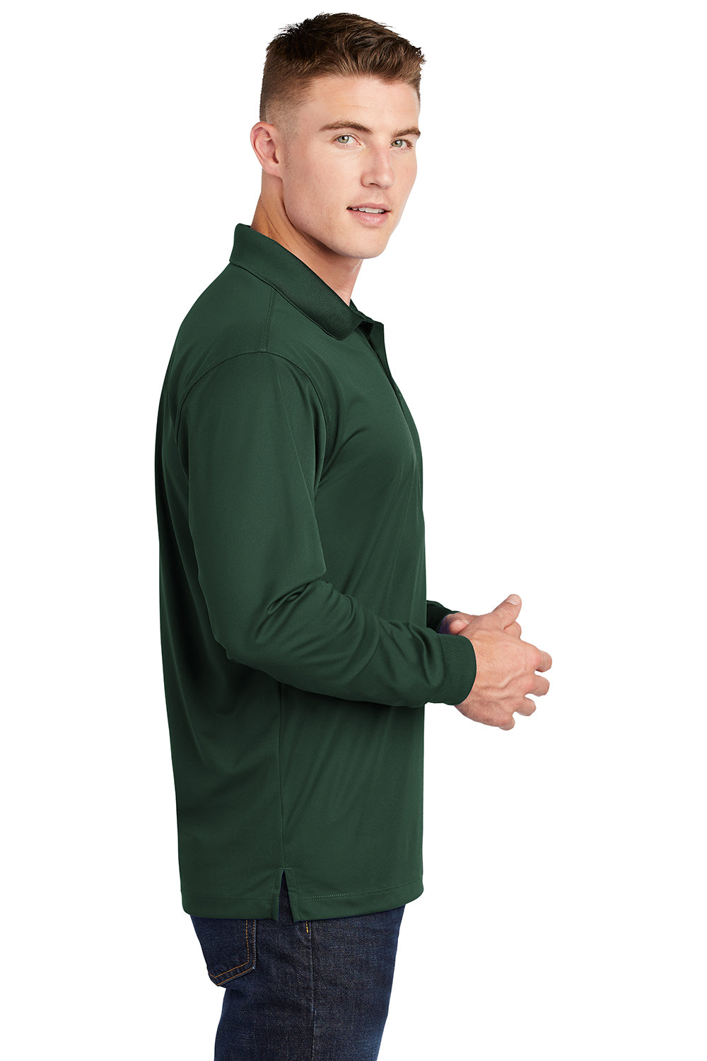 Sport-Tek ST657 Mens Sport-Wick Moisture Wicking Long Sleeve Polo Shirt Forest Green Model Side