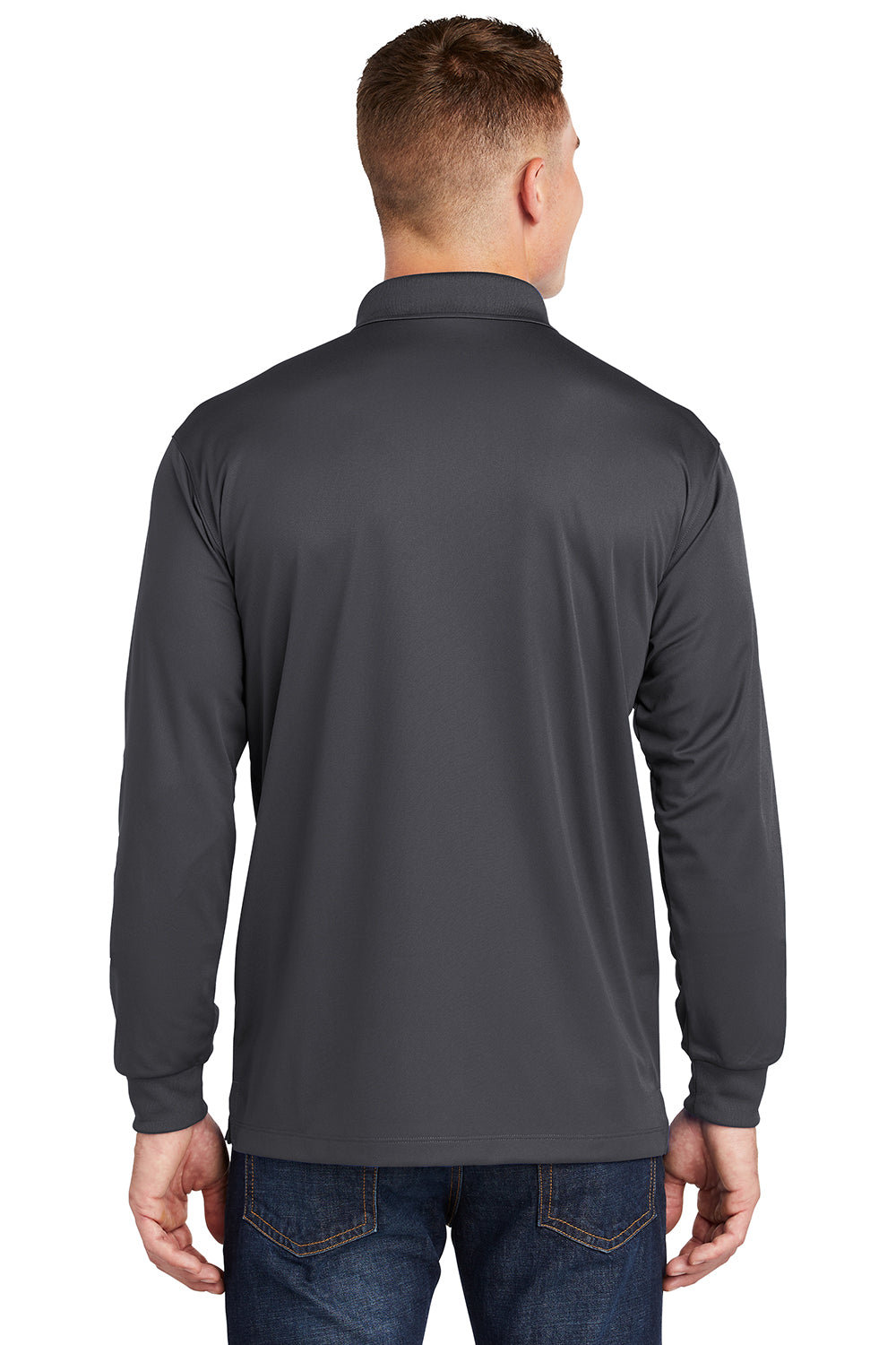 Sport-Tek ST657 Mens Sport-Wick Moisture Wicking Long Sleeve Polo Shirt Iron Grey Model Back