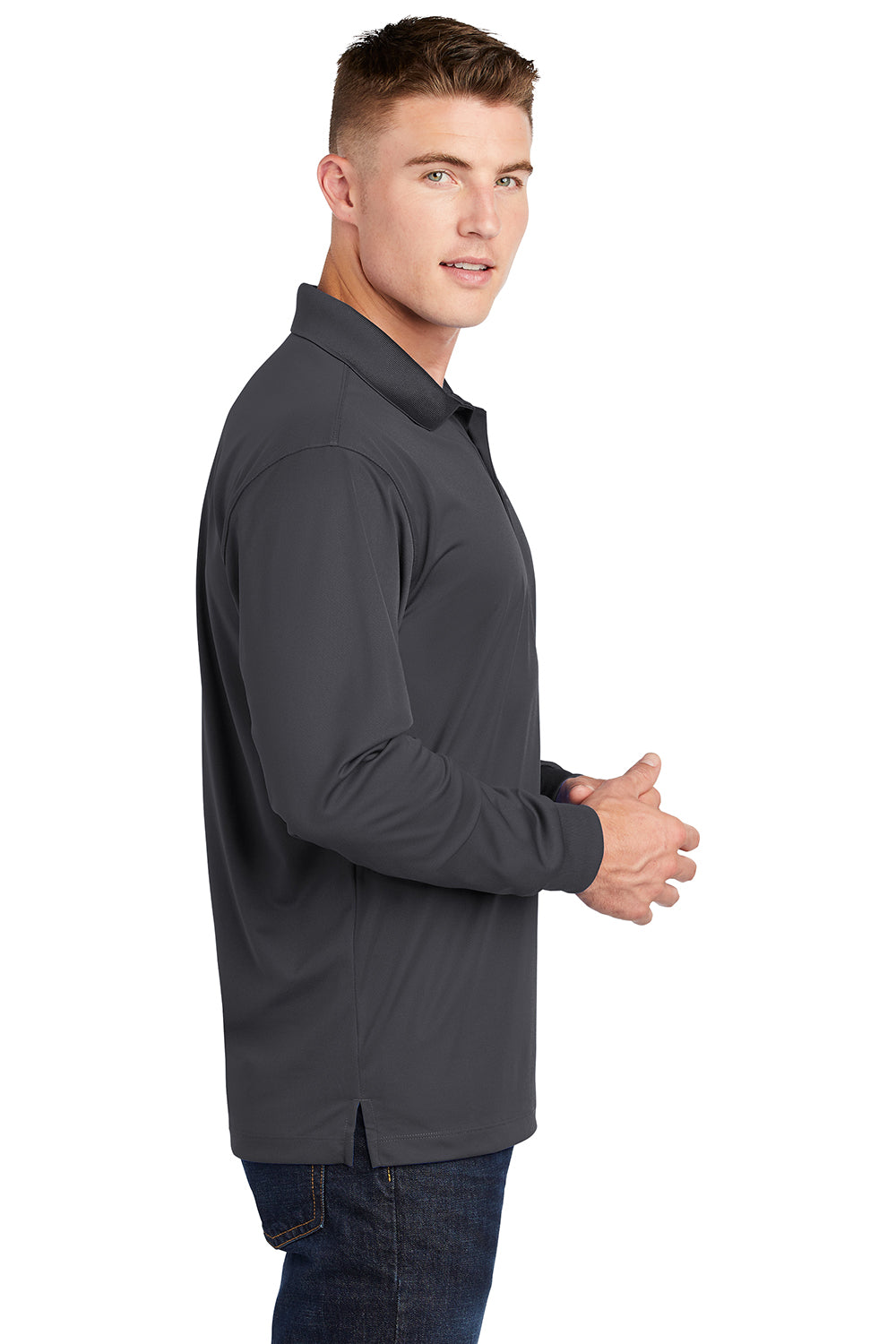 Sport-Tek ST657 Mens Sport-Wick Moisture Wicking Long Sleeve Polo Shirt Iron Grey Model Side