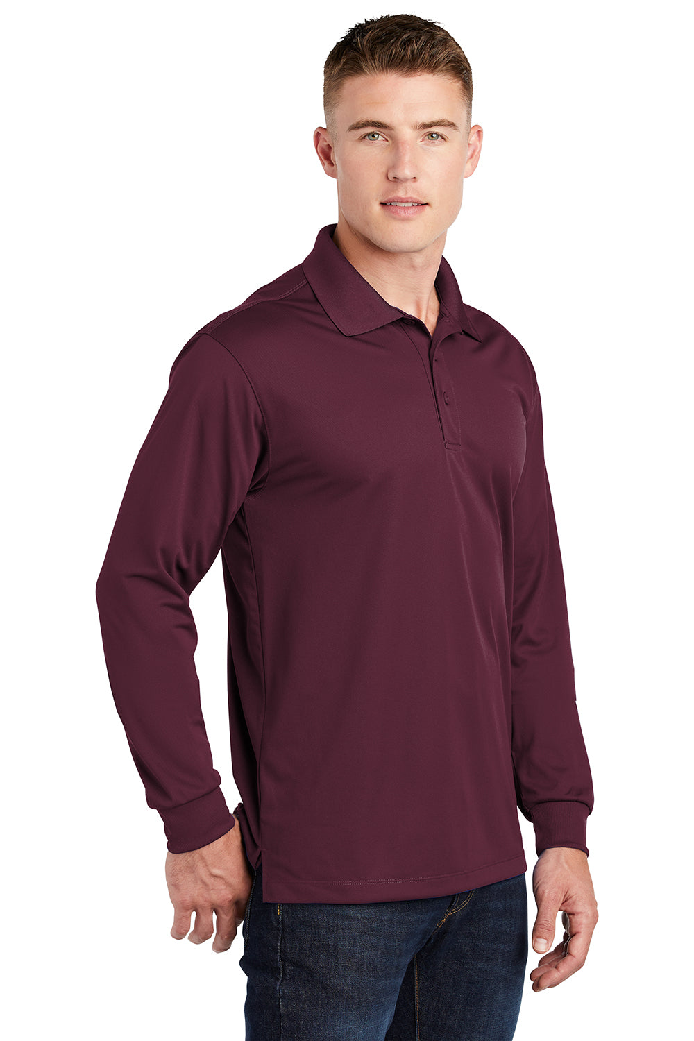 Sport-Tek ST657 Mens Sport-Wick Moisture Wicking Long Sleeve Polo Shirt Maroon Model 3q