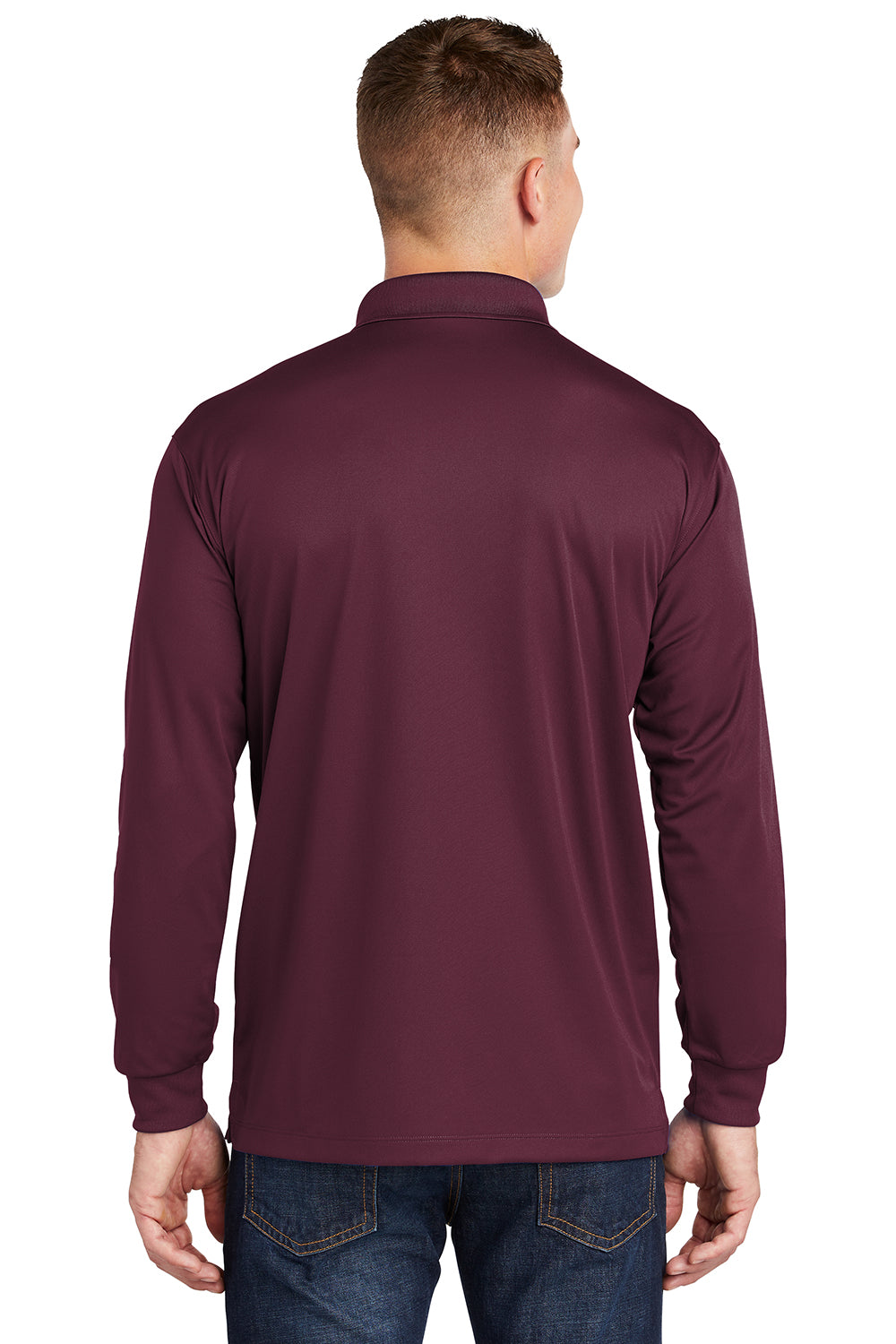 Sport-Tek ST657 Mens Sport-Wick Moisture Wicking Long Sleeve Polo Shirt Maroon Model Back