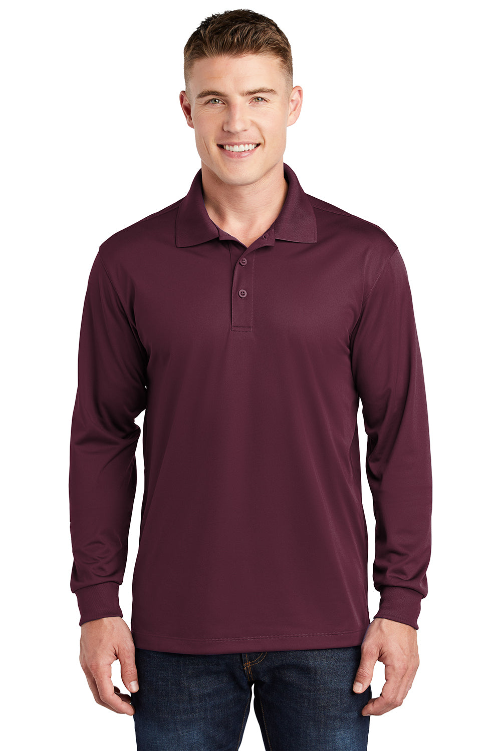 Sport-Tek ST657 Mens Sport-Wick Moisture Wicking Long Sleeve Polo Shirt Maroon Model Front