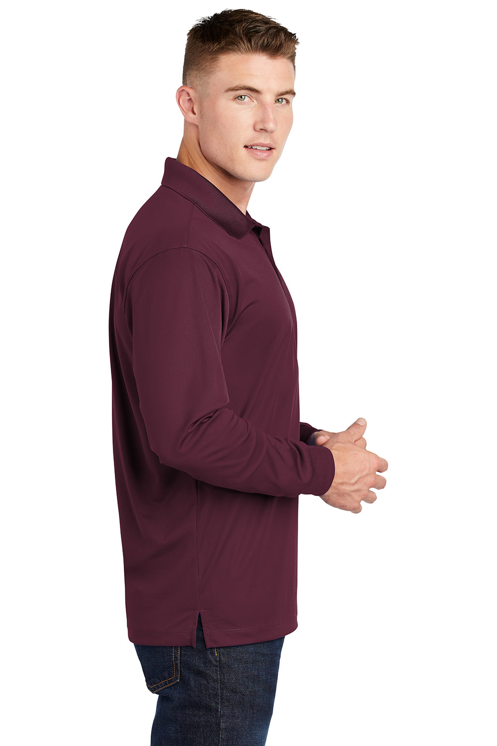 Sport-Tek ST657 Mens Sport-Wick Moisture Wicking Long Sleeve Polo Shirt Maroon Model Side