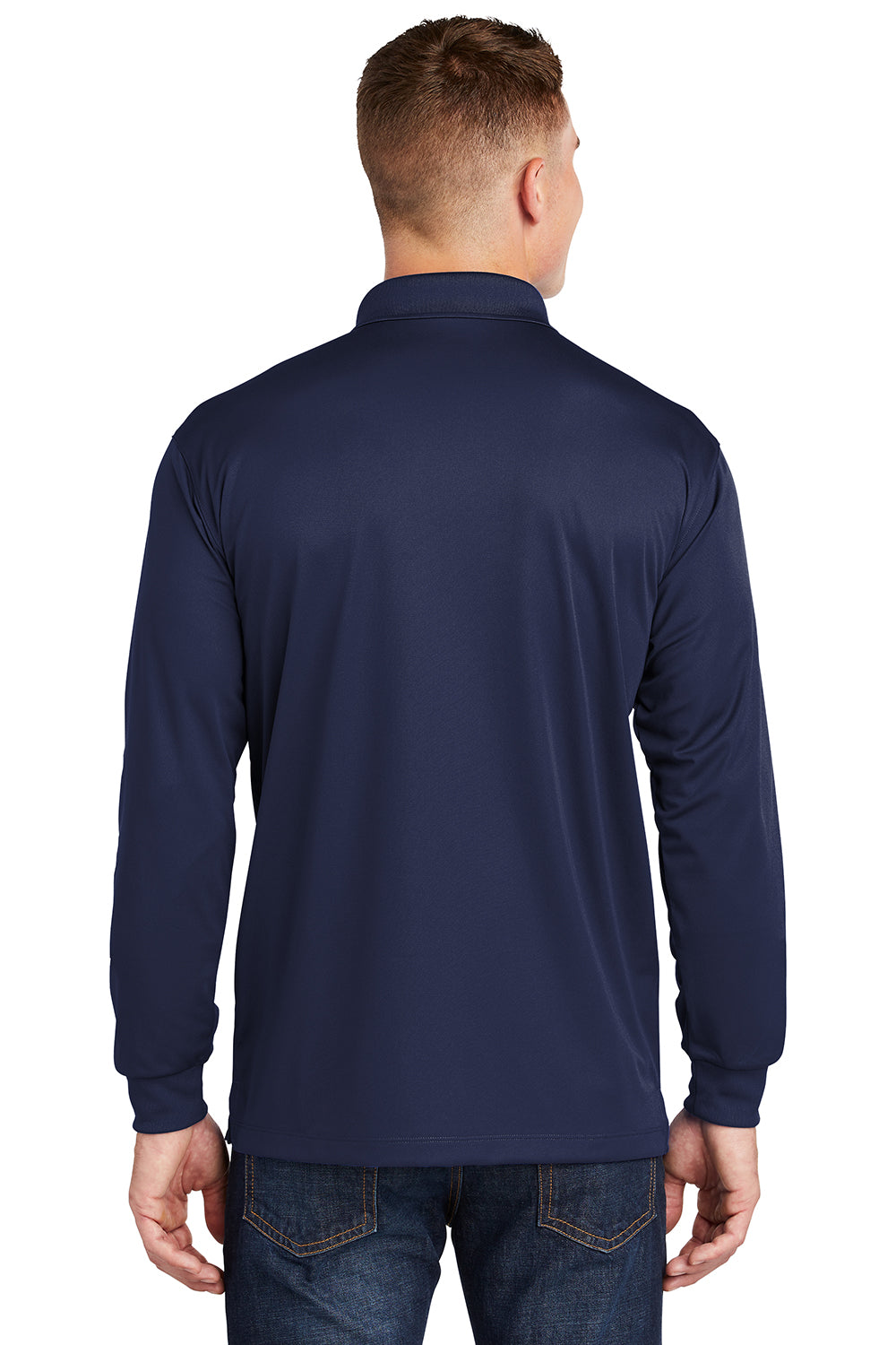 Sport-Tek ST657 Mens Sport-Wick Moisture Wicking Long Sleeve Polo Shirt True Navy Blue Model Back