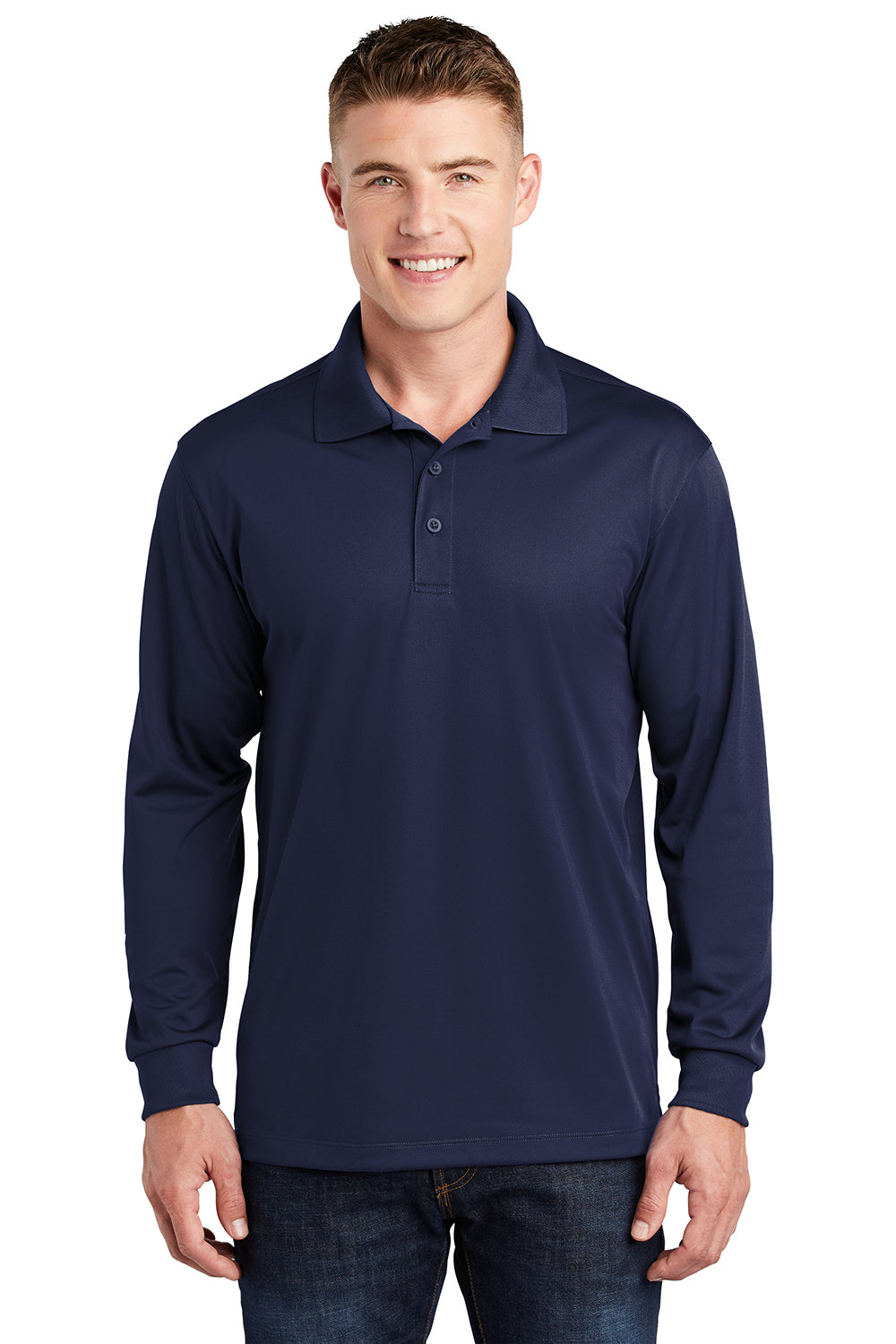 Sport-Tek ST657 Mens Sport-Wick Moisture Wicking Long Sleeve Polo Shirt True Navy Blue Model Front