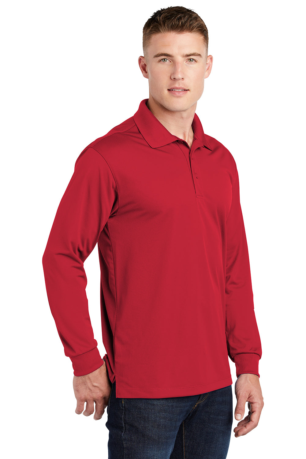 Sport-Tek ST657 Mens Sport-Wick Moisture Wicking Long Sleeve Polo Shirt True Red Model 3q