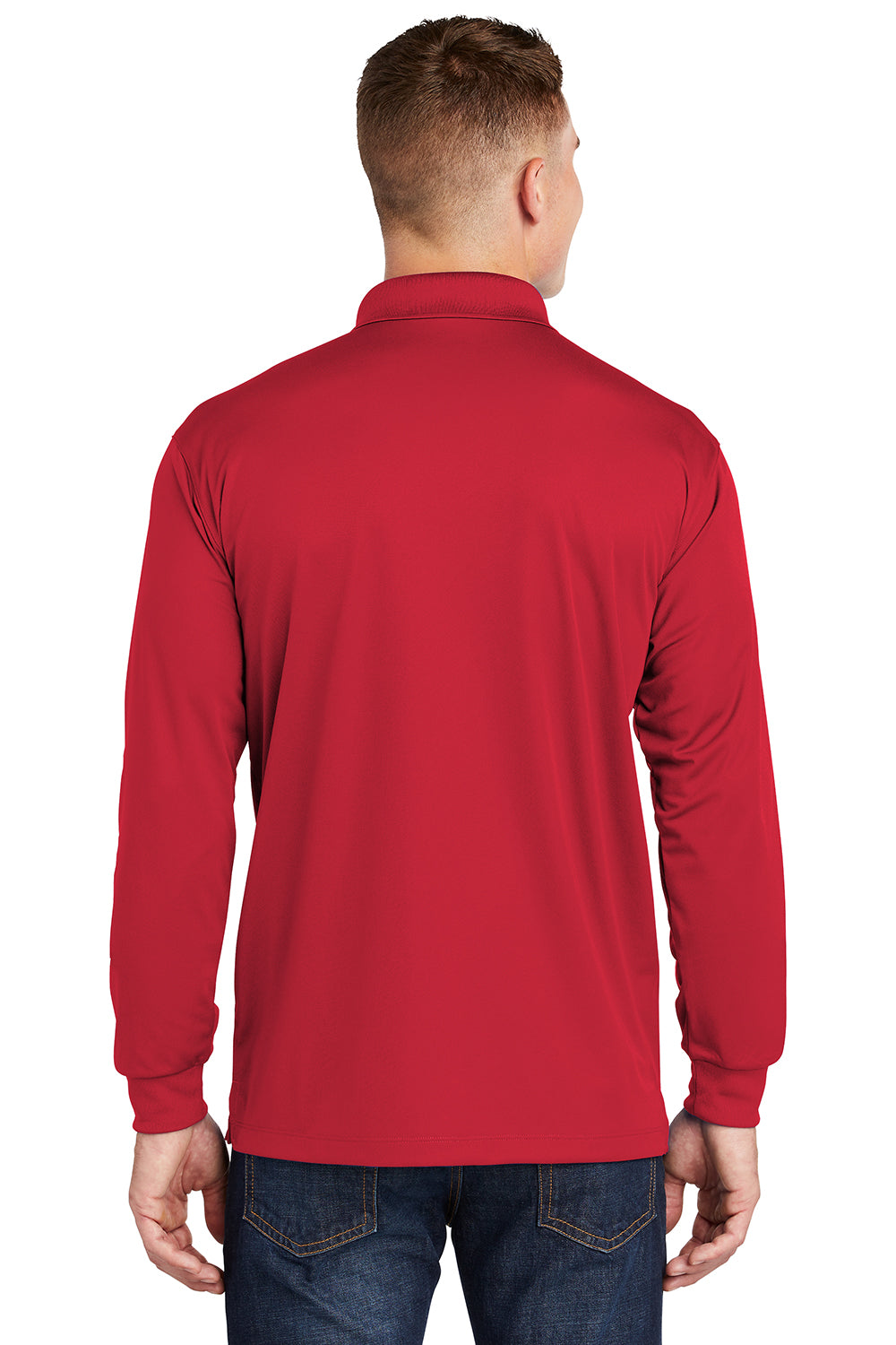 Sport-Tek ST657 Mens Sport-Wick Moisture Wicking Long Sleeve Polo Shirt True Red Model Back