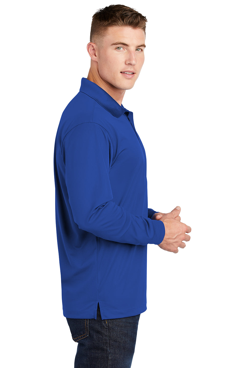 Sport-Tek ST657 Mens Sport-Wick Moisture Wicking Long Sleeve Polo Shirt True Royal Blue Model Side