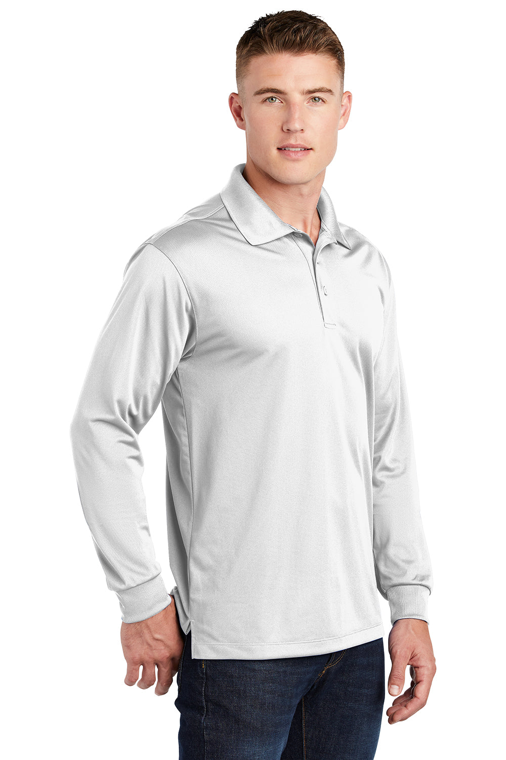 Sport-Tek ST657 Mens Sport-Wick Moisture Wicking Long Sleeve Polo Shirt White Model 3q