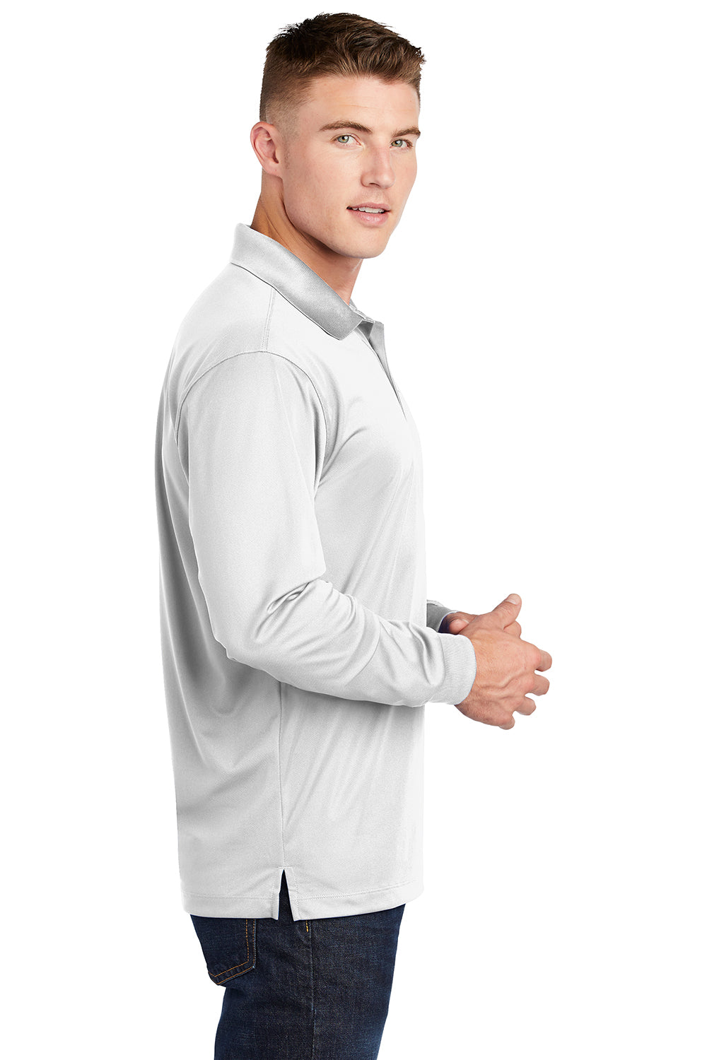 Sport-Tek ST657 Mens Sport-Wick Moisture Wicking Long Sleeve Polo Shirt White Model Side