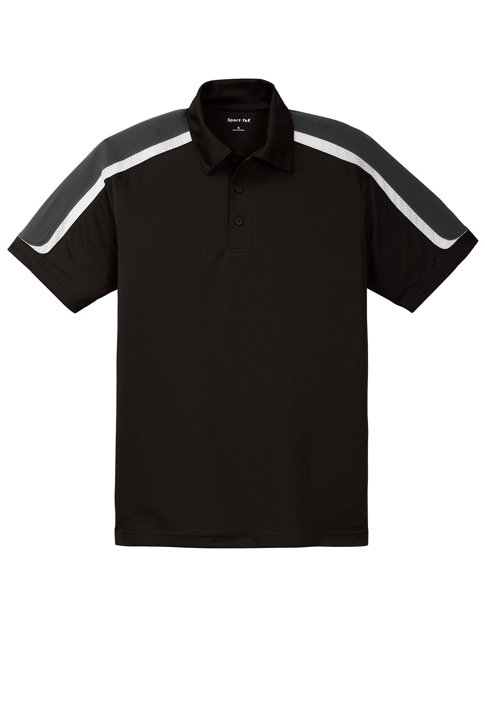 Sport-Tek ST658 Mens Sport-Wick Moisture Wicking Short Sleeve Polo Shirt Black/Iron Grey/White Flat Front