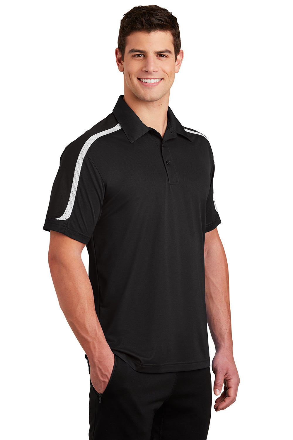 Sport-Tek ST658 Mens Sport-Wick Moisture Wicking Short Sleeve Polo Shirt Black/Iron Grey/White Model 3q