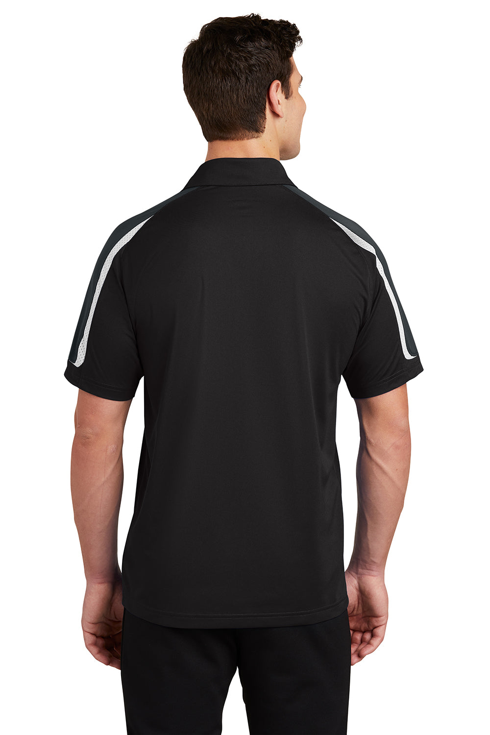 Sport-Tek ST658 Mens Sport-Wick Moisture Wicking Short Sleeve Polo Shirt Black/Iron Grey/White Model Back