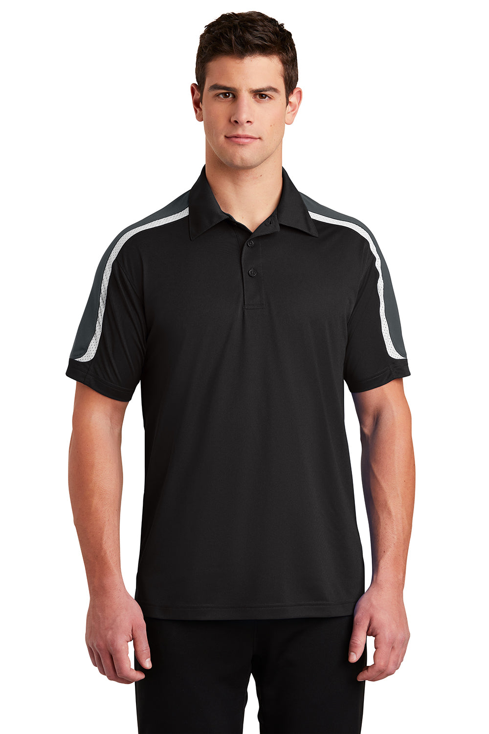 Sport-Tek ST658 Mens Sport-Wick Moisture Wicking Short Sleeve Polo Shirt Black/Iron Grey/White Model Front