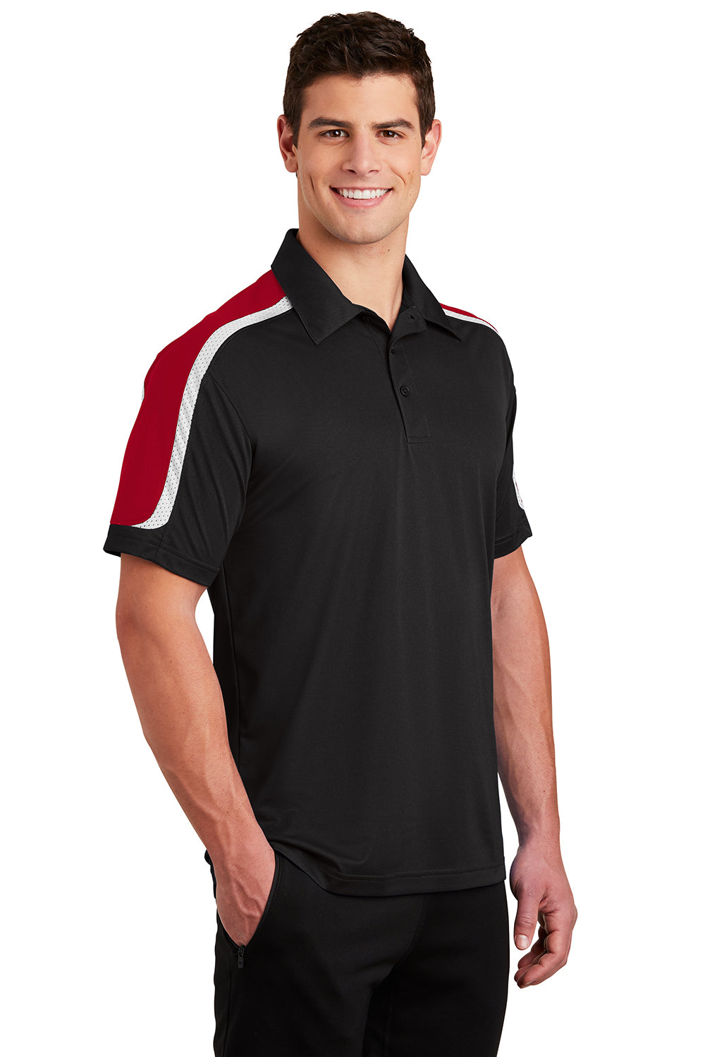 Sport-Tek ST658 Mens Sport-Wick Moisture Wicking Short Sleeve Polo Shirt Black/True Red/White Model 3q