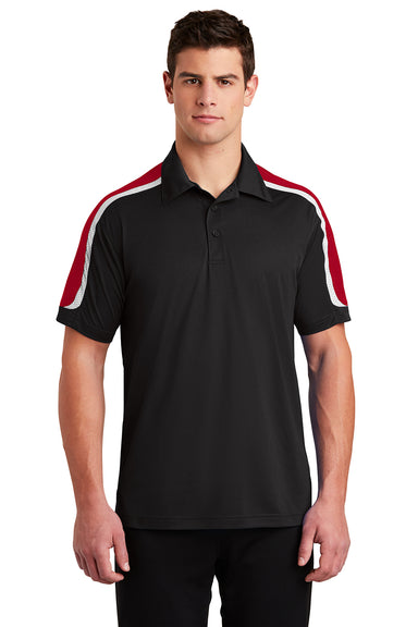 Sport-Tek ST658 Mens Sport-Wick Moisture Wicking Short Sleeve Polo Shirt Black/True Red/White Model Front