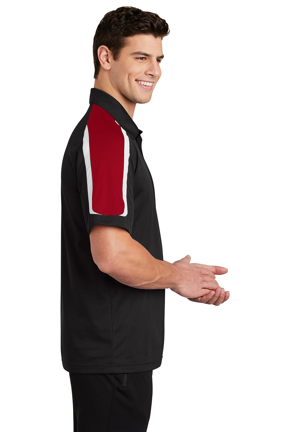 Sport-Tek ST658 Mens Sport-Wick Moisture Wicking Short Sleeve Polo Shirt Black/True Red/White Model Side