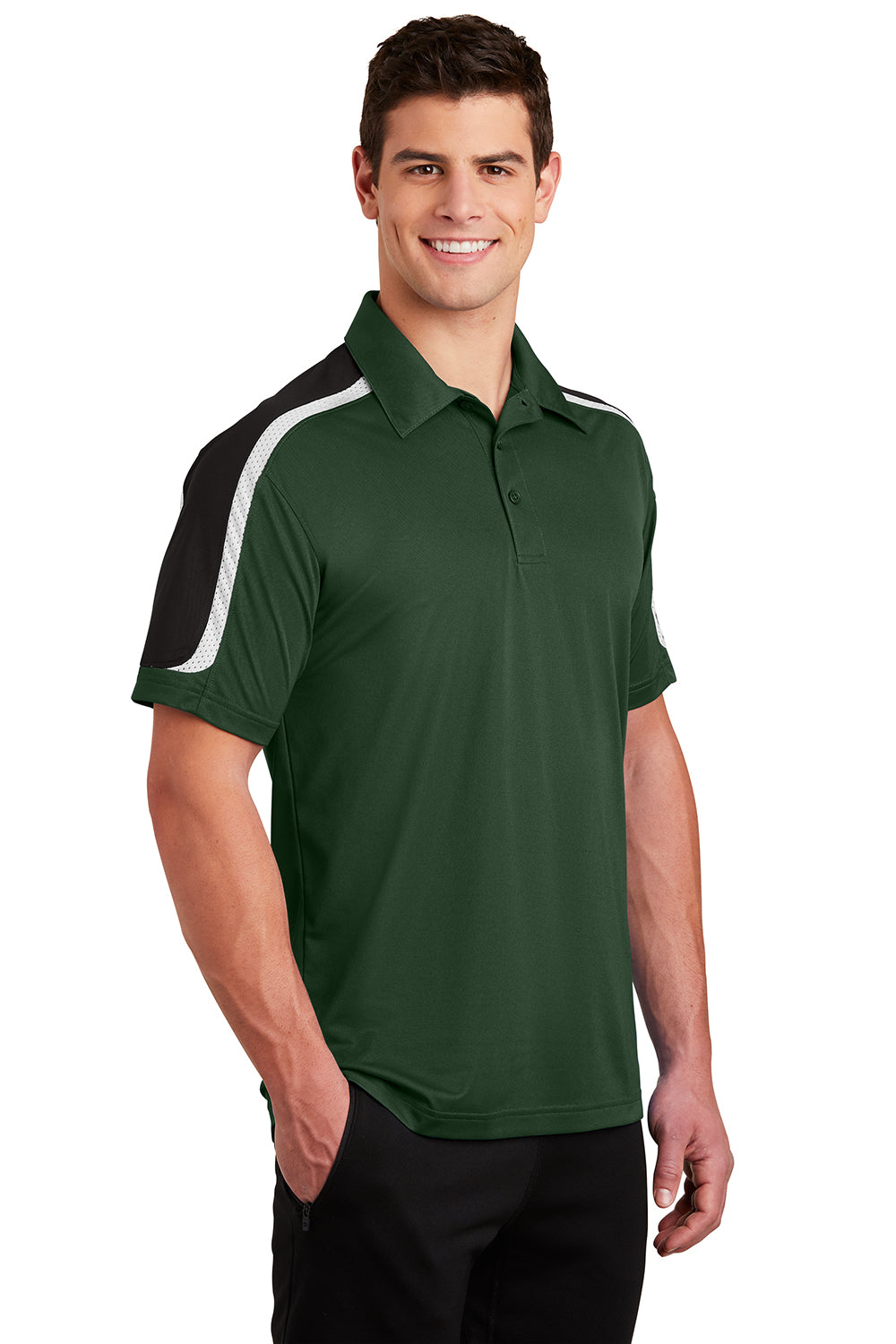 Sport-Tek ST658 Mens Sport-Wick Moisture Wicking Short Sleeve Polo Shirt Forest Green/Black/White Model 3q