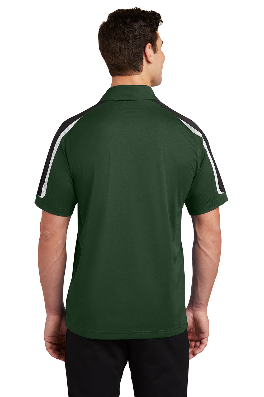 Sport-Tek ST658 Mens Sport-Wick Moisture Wicking Short Sleeve Polo Shirt Forest Green/Black/White Model Back