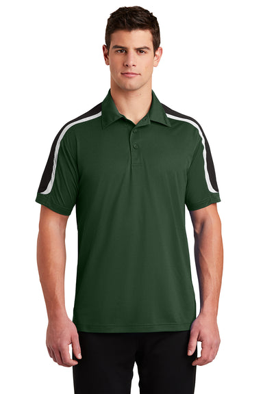 Sport-Tek ST658 Mens Sport-Wick Moisture Wicking Short Sleeve Polo Shirt Forest Green/Black/White Model Front