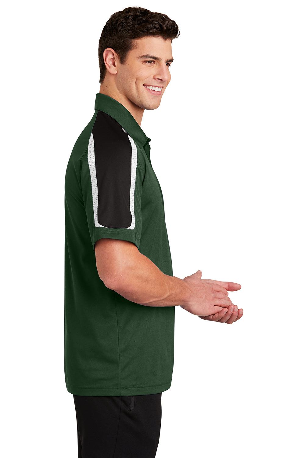 Sport-Tek ST658 Mens Sport-Wick Moisture Wicking Short Sleeve Polo Shirt Forest Green/Black/White Model Side