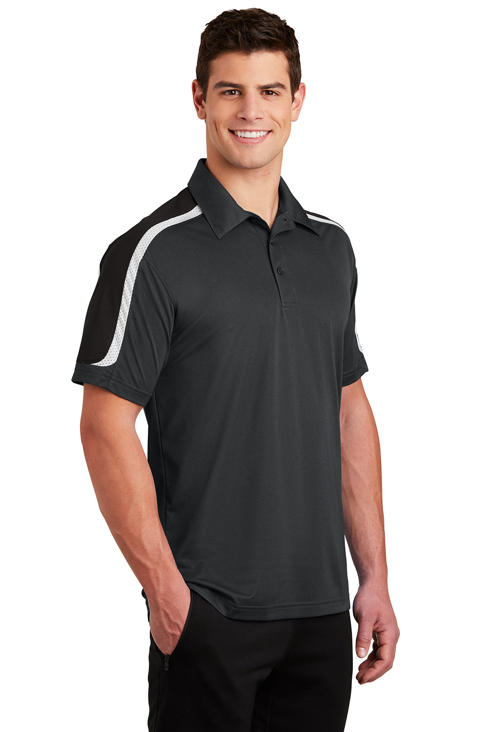 Sport-Tek ST658 Mens Sport-Wick Moisture Wicking Short Sleeve Polo Shirt Iron Grey/Black/White Model 3q