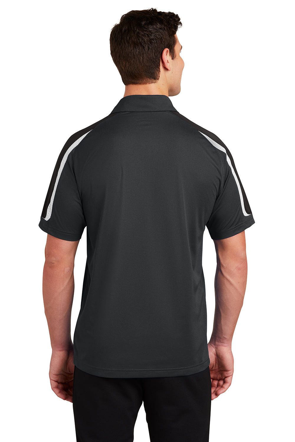 Sport-Tek ST658 Mens Sport-Wick Moisture Wicking Short Sleeve Polo Shirt Iron Grey/Black/White Model Back