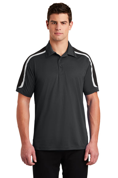 Sport-Tek ST658 Mens Sport-Wick Moisture Wicking Short Sleeve Polo Shirt Iron Grey/Black/White Model Front