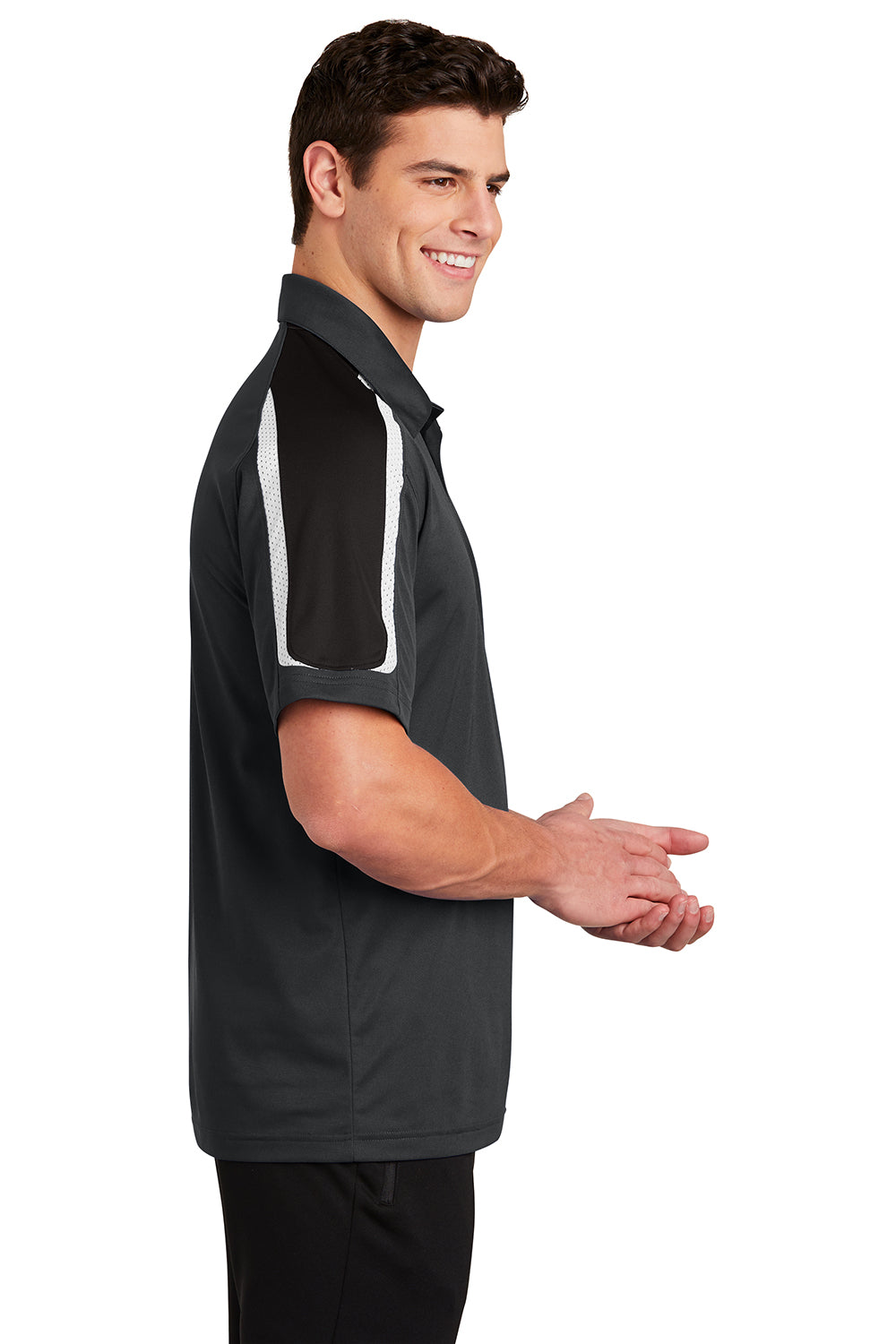 Sport-Tek ST658 Mens Sport-Wick Moisture Wicking Short Sleeve Polo Shirt Iron Grey/Black/White Model Side