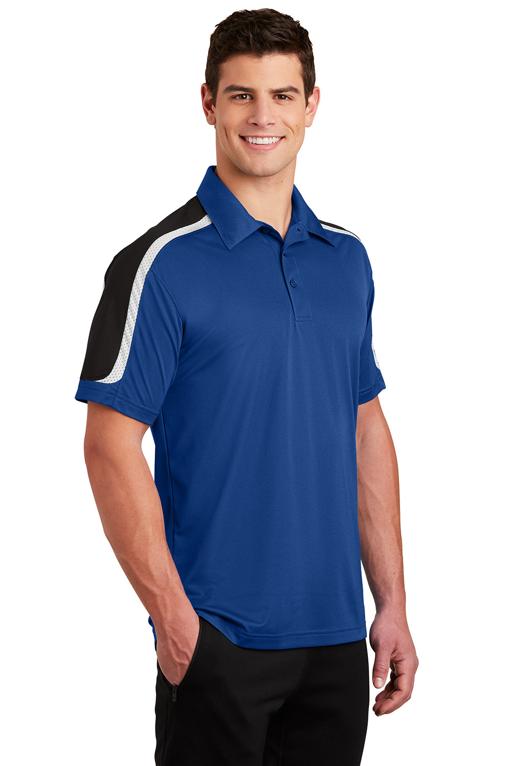 Sport-Tek ST658 Mens Sport-Wick Moisture Wicking Short Sleeve Polo Shirt True Royal Blue/Black/White Model 3q