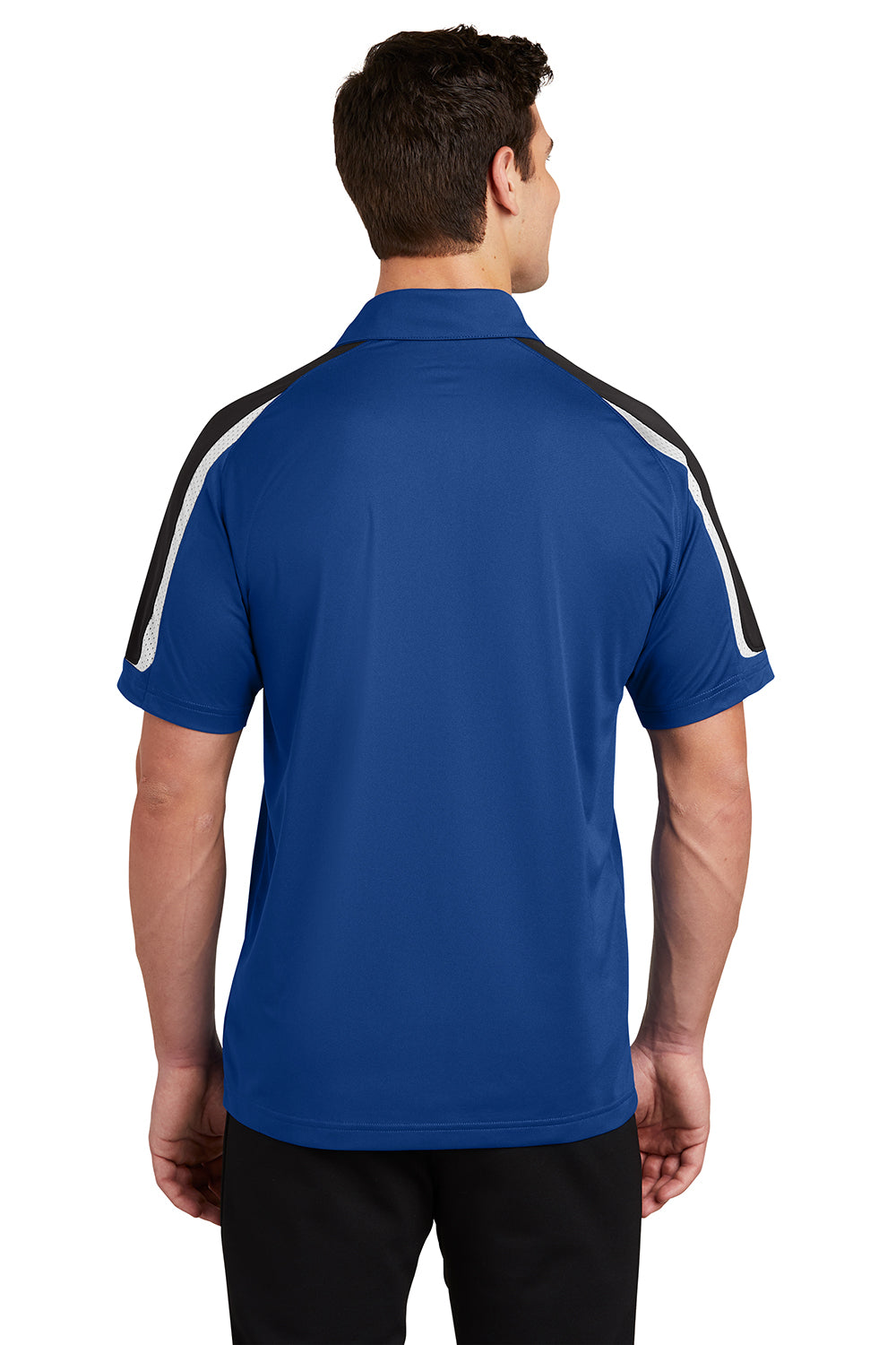 Sport-Tek ST658 Mens Sport-Wick Moisture Wicking Short Sleeve Polo Shirt True Royal Blue/Black/White Model Back