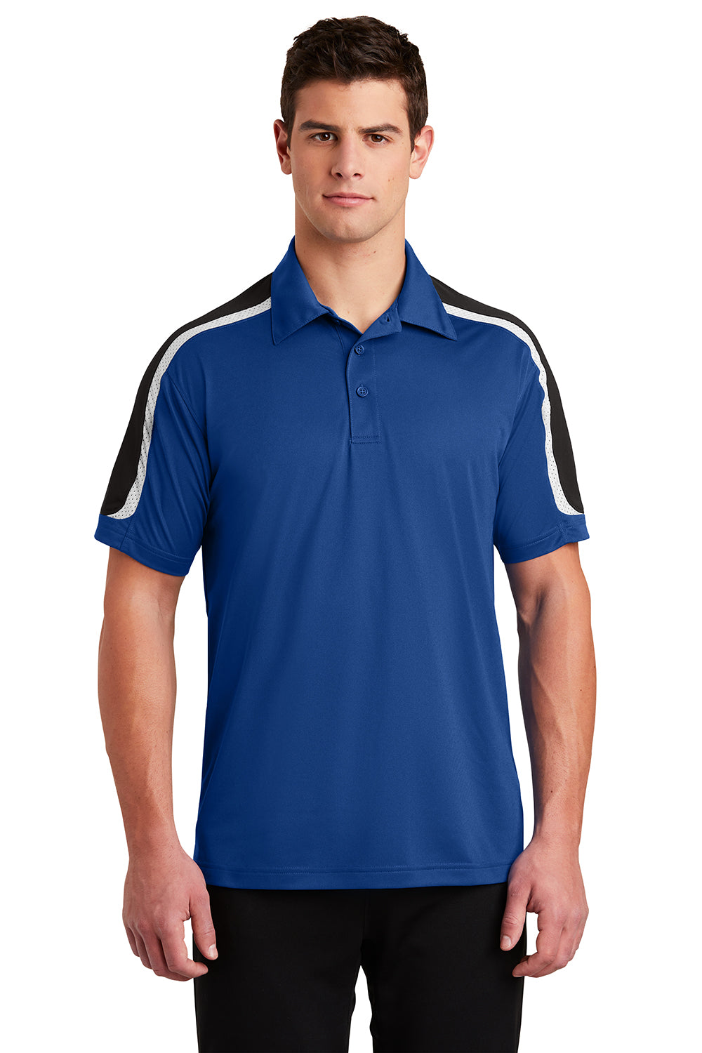 Sport-Tek ST658 Mens Sport-Wick Moisture Wicking Short Sleeve Polo Shirt True Royal Blue/Black/White Model Front