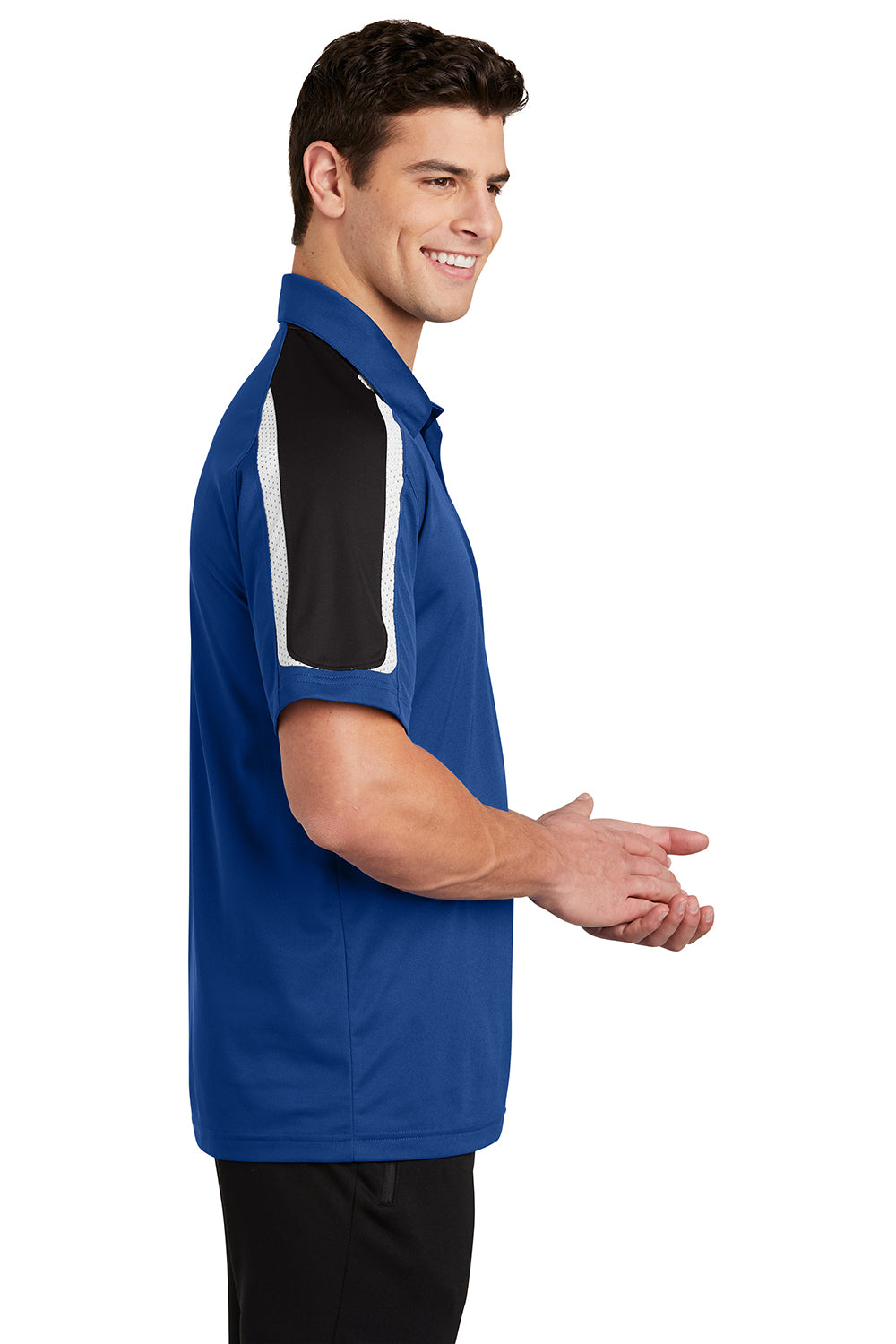 Sport-Tek ST658 Mens Sport-Wick Moisture Wicking Short Sleeve Polo Shirt True Royal Blue/Black/White Model Side