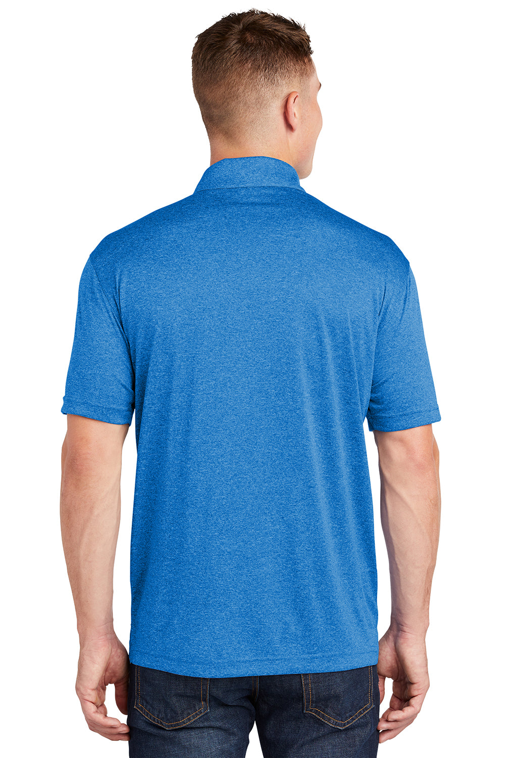 Sport-Tek ST660 Mens Heather Contender Moisture Wicking Short Sleeve Polo Shirt Heather Blue Wake Model Back