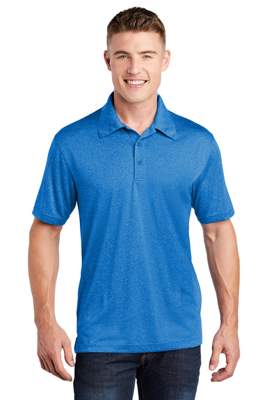 Sport-Tek ST660 Mens Heather Contender Moisture Wicking Short Sleeve Polo Shirt Heather Blue Wake Model Front