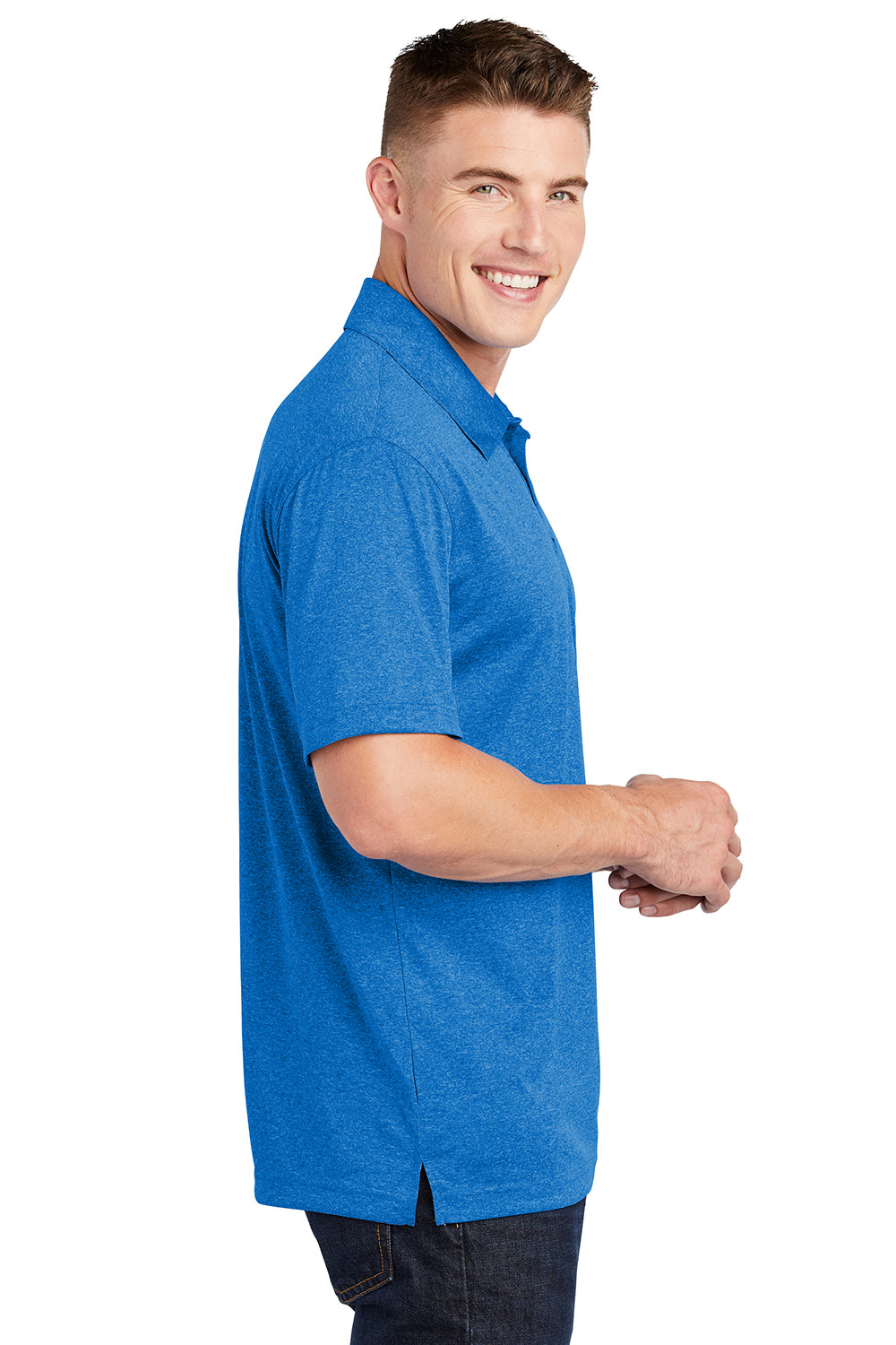 Sport-Tek ST660 Mens Heather Contender Moisture Wicking Short Sleeve Polo Shirt Heather Blue Wake Model Side