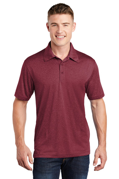 Sport-Tek ST660 Mens Heather Contender Moisture Wicking Short Sleeve Polo Shirt Heather Cardinal Red Model Front