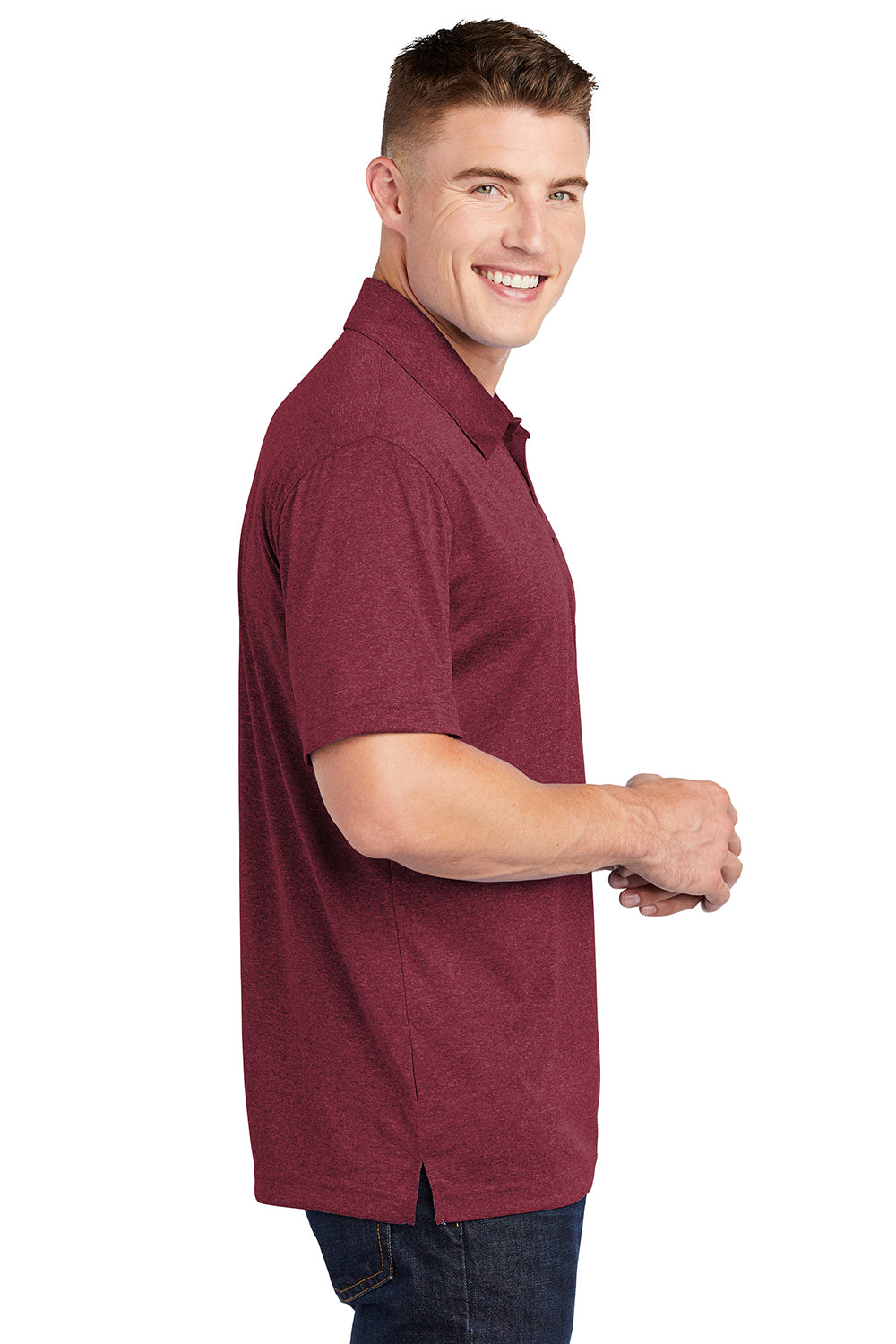 Sport-Tek ST660 Mens Heather Contender Moisture Wicking Short Sleeve Polo Shirt Heather Cardinal Red Model Side