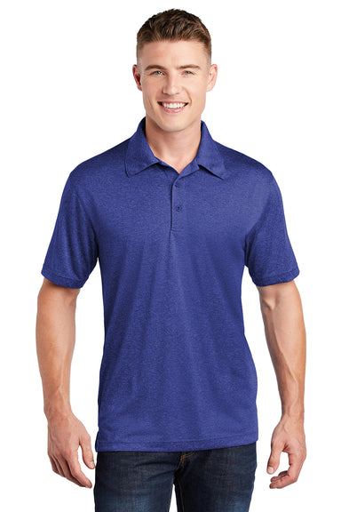 Sport-Tek ST660 Mens Heather Contender Moisture Wicking Short Sleeve Polo Shirt Heather Cobalt Blue Model Front