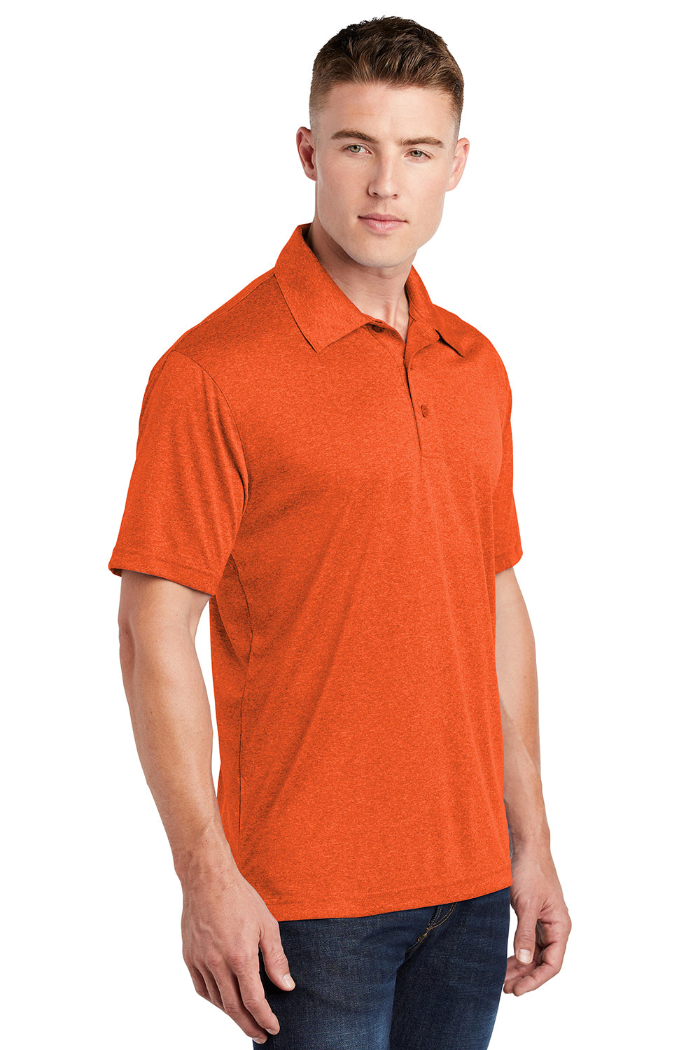 Sport-Tek ST660 Mens Heather Contender Moisture Wicking Short Sleeve Polo Shirt Heather Deep Orange Model 3q