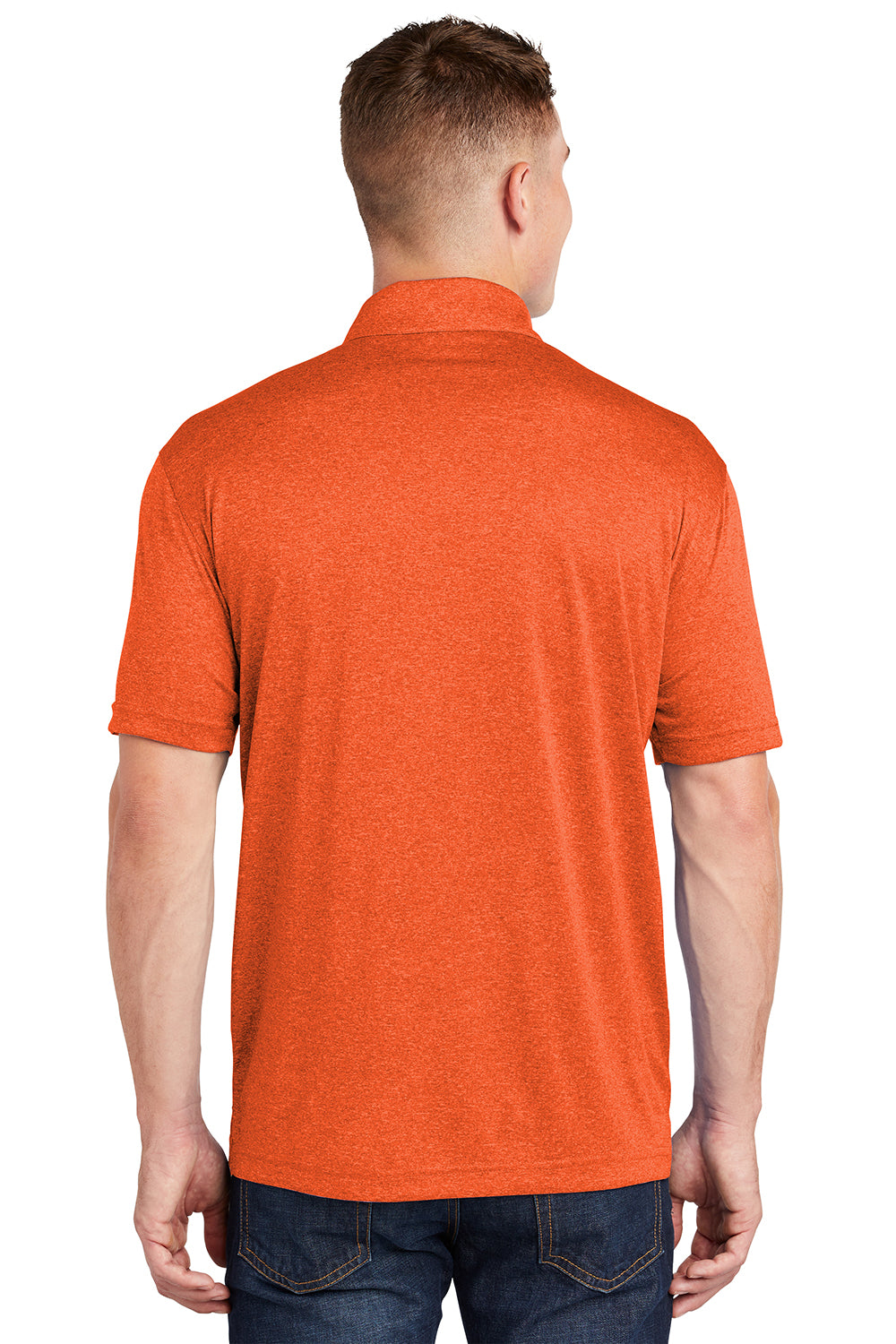 Sport-Tek ST660 Mens Heather Contender Moisture Wicking Short Sleeve Polo Shirt Heather Deep Orange Model Back