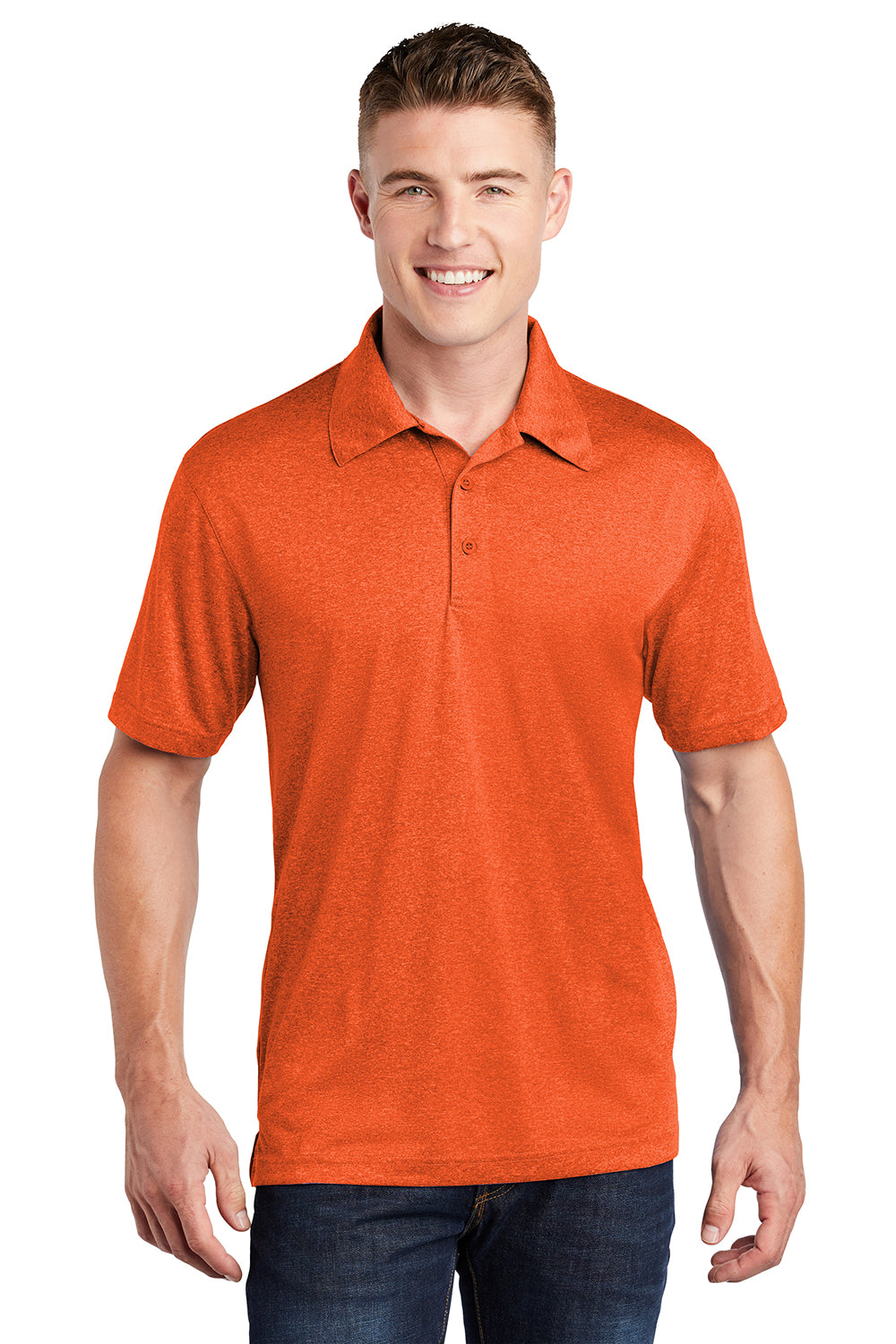 Sport-Tek ST660 Mens Heather Contender Moisture Wicking Short Sleeve Polo Shirt Heather Deep Orange Model Front