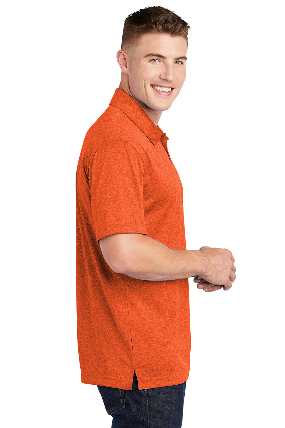 Sport-Tek ST660 Mens Heather Contender Moisture Wicking Short Sleeve Polo Shirt Heather Deep Orange Model Side