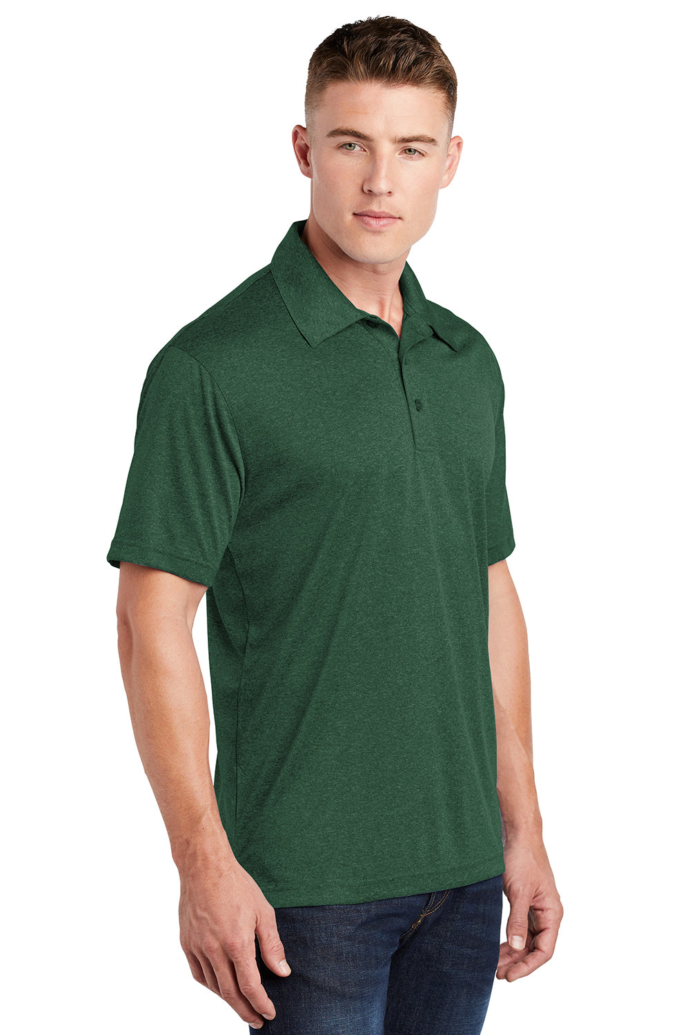 Sport-Tek ST660 Mens Heather Contender Moisture Wicking Short Sleeve Polo Shirt Heather Forest Green Model 3q