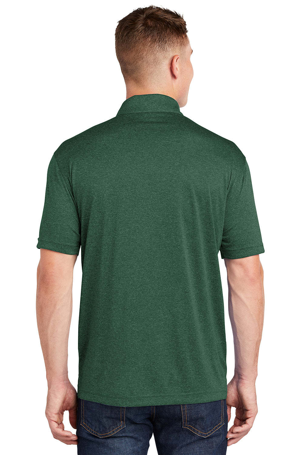 Sport-Tek ST660 Mens Heather Contender Moisture Wicking Short Sleeve Polo Shirt Heather Forest Green Model Back